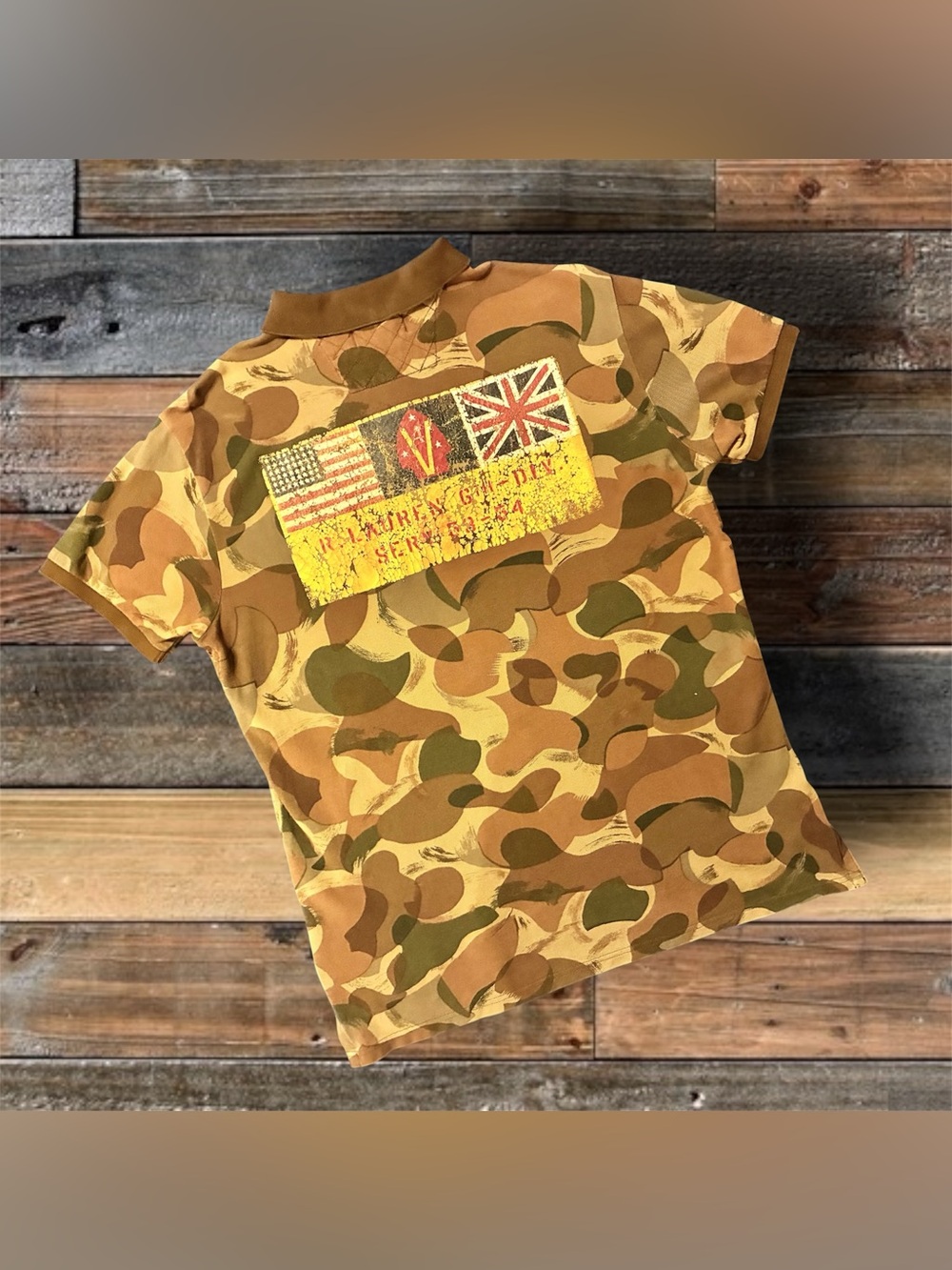 VTG. 90's POLO RALPH LAUREN PRINTED CAMOUFLAGE POLO SHIRT- MEN'S SIZE LARGE